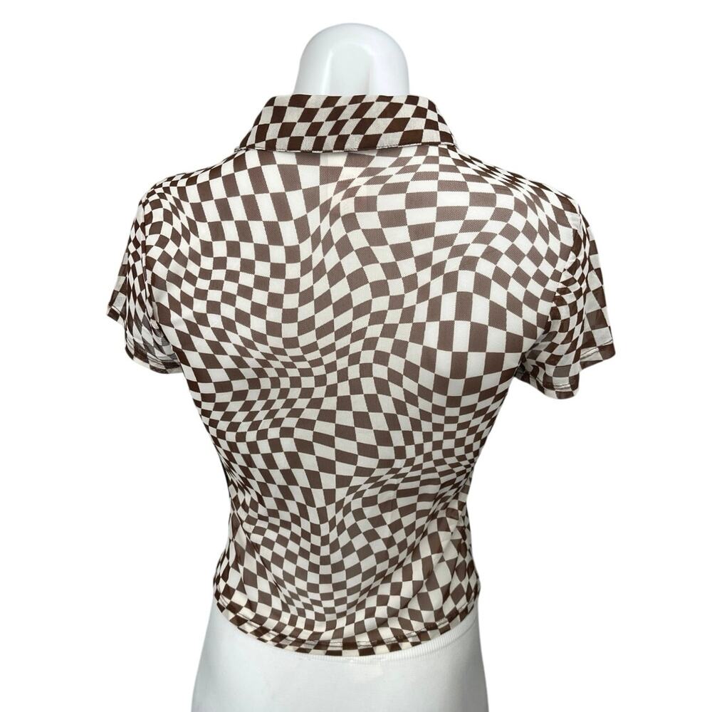 NEW No Boundaries Brown White Gingham Check Illusion Button Down Shirt Top S - Picture 2 of 6